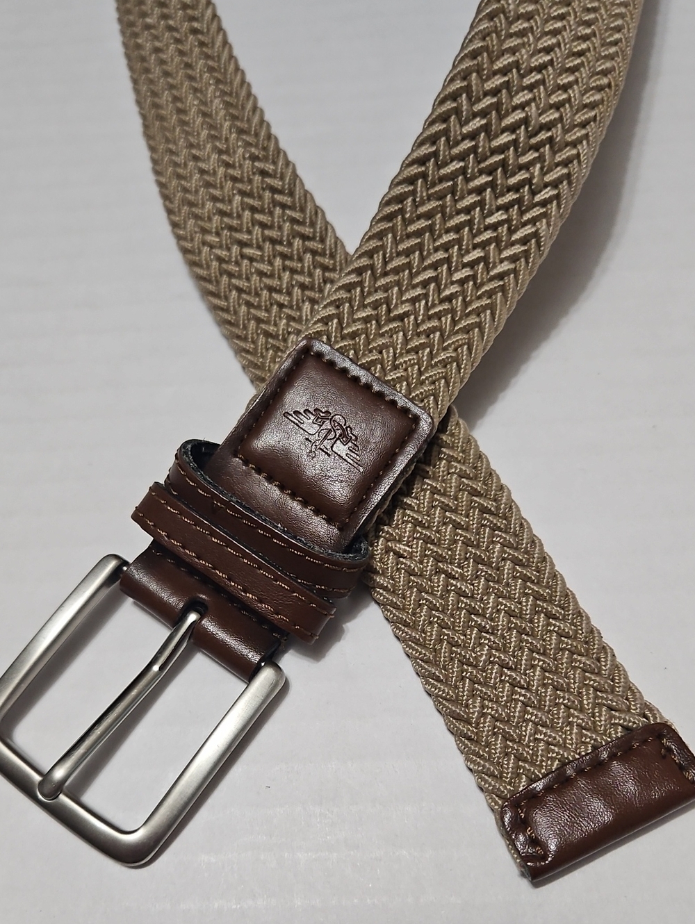 Dockers Woven Stretch Belt with Brown Leather Trim - Tan Size S/M